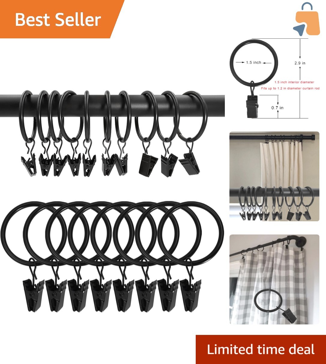 Elegant Adjustable Black Curtain Rings with Clips – 100 Pack for Organization