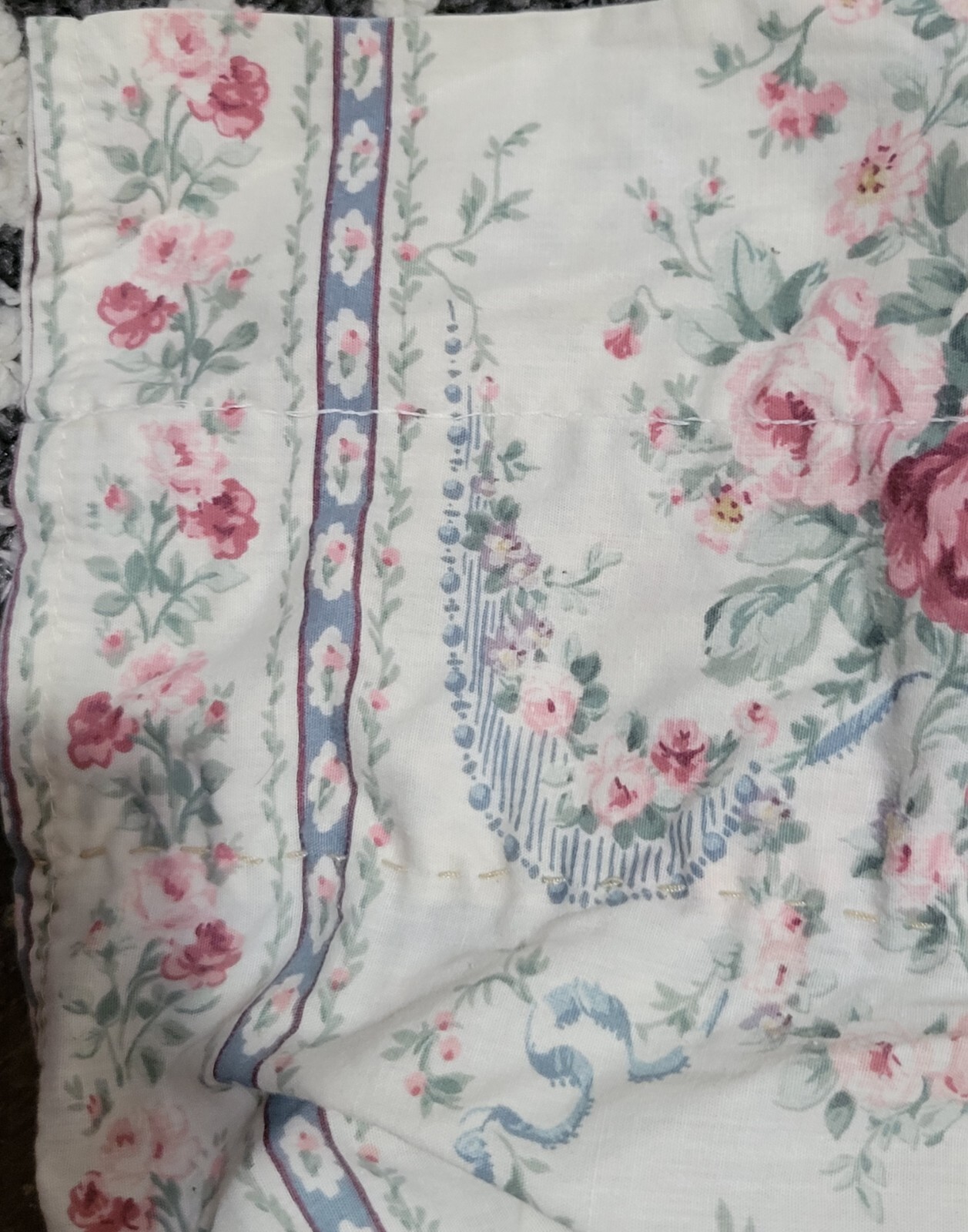 Floral Striped Ruffled Swooped Valance Solid Blue Hem 44x96in Grannycore