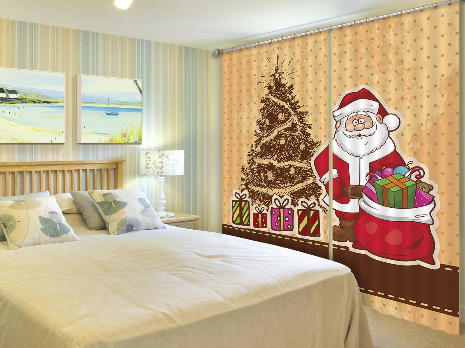 3D Santa Gift Box Package G762 Christmas Window Photo Curtain Fabric Quality Amy