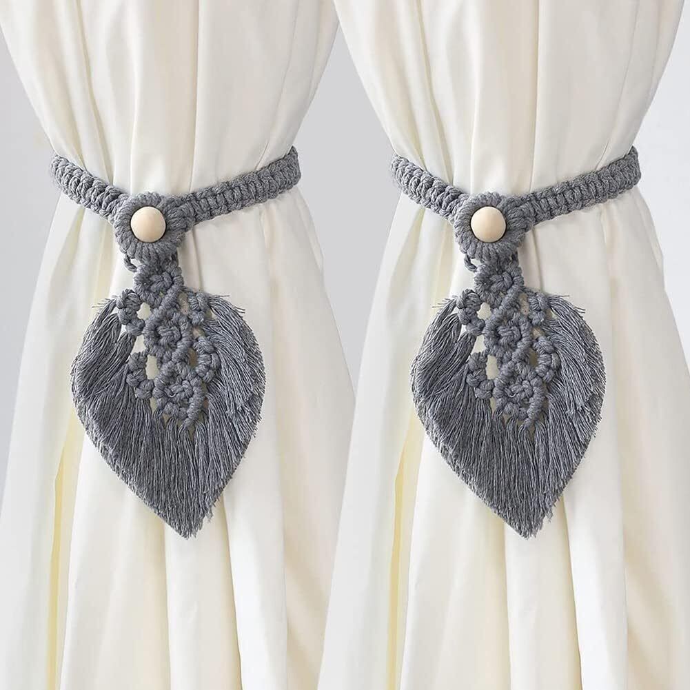 2Pcs Macrame Hand Woven Leaf Tassel Curtain Tie Backs Rope Holdbacks Boho Decor