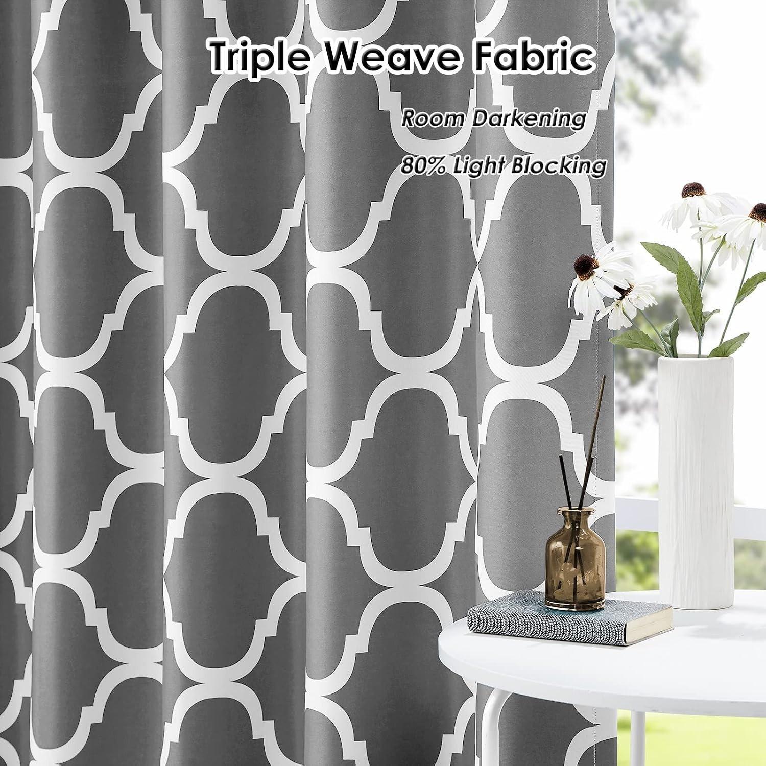 Luxurious Grey Moroccan Blackout Drapes, 100×96 Inch with Grommet Top Design