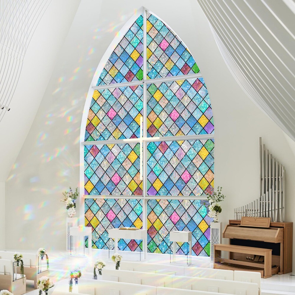 rabbitgoo Stained Glass Window Film Decorative Rainbow Colorful Lattice Sticker