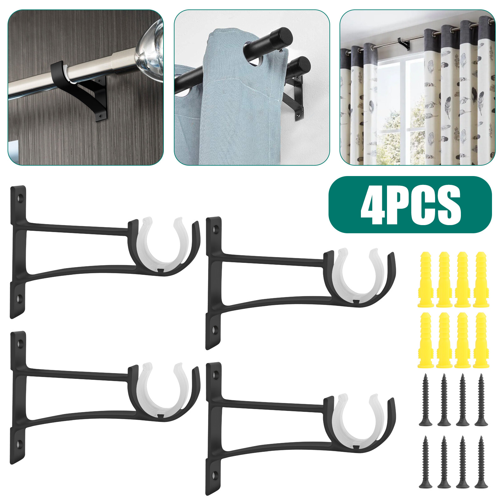 4 Pcs Curtain Pole Rod Brackets Window Holder Aluminum Alloy Heavy Duty Hardware