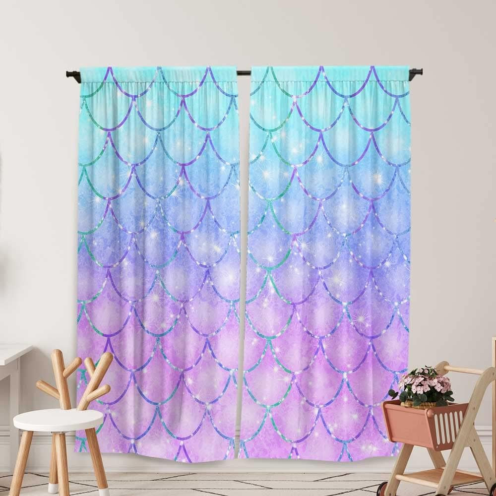 Mermaid Window Curtains for Kids Girls Purple Blue Fairy Fantasy Glitter Scales