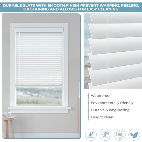 Basics Cordless Light Filtering Faux Wood Blinds, Easy to Install 35″W x 64″H