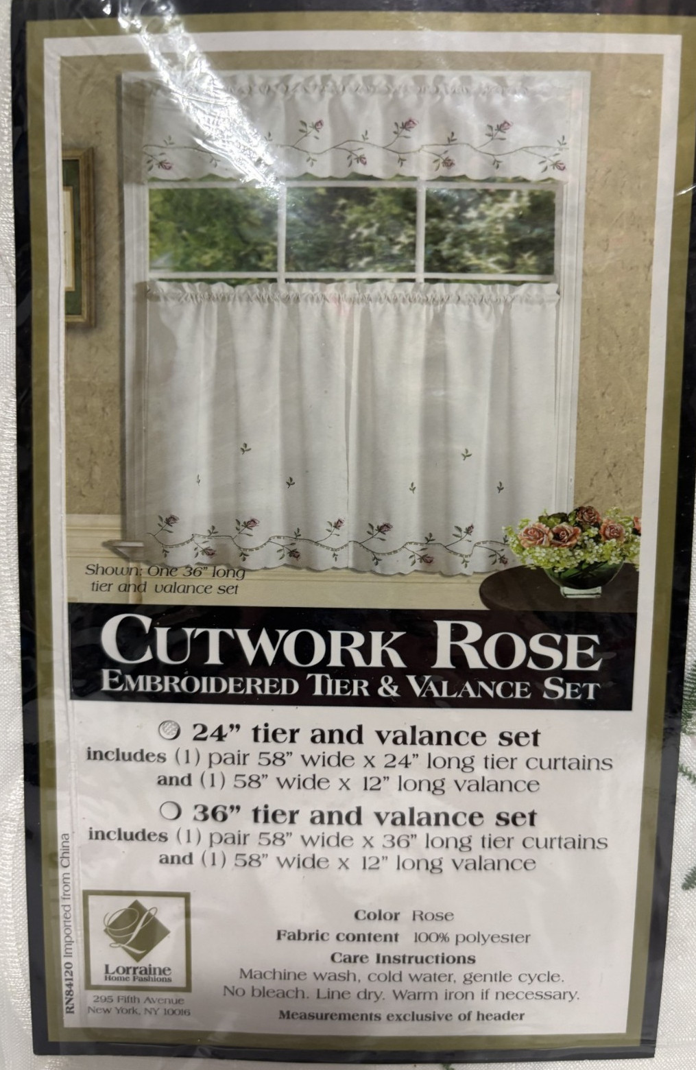 Cutwork Rose Embroidered Tier & Valance Set 24″ Roses Leaves *NEW in Package*