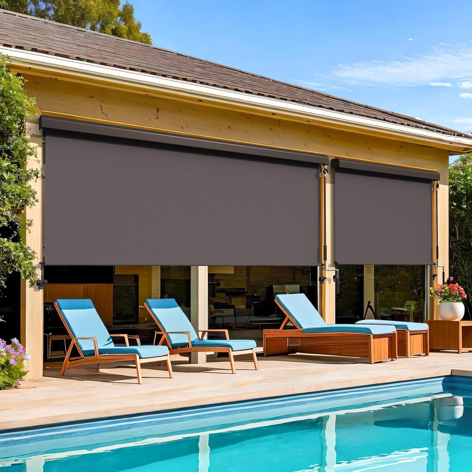 Outdoor Roller Shade, Aluminum Integrated Patio Shade with 95% UV Protection, 42