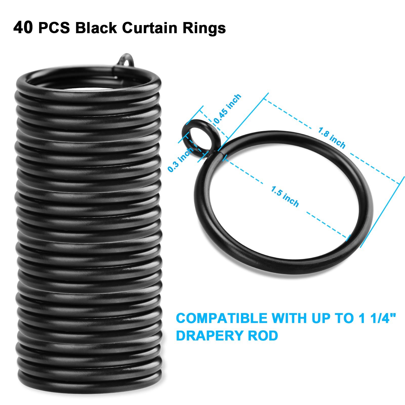 40 PCS Black Curtain Rings, Curtains Ring with Eyelet Apply for Up to 1 1/4-i…