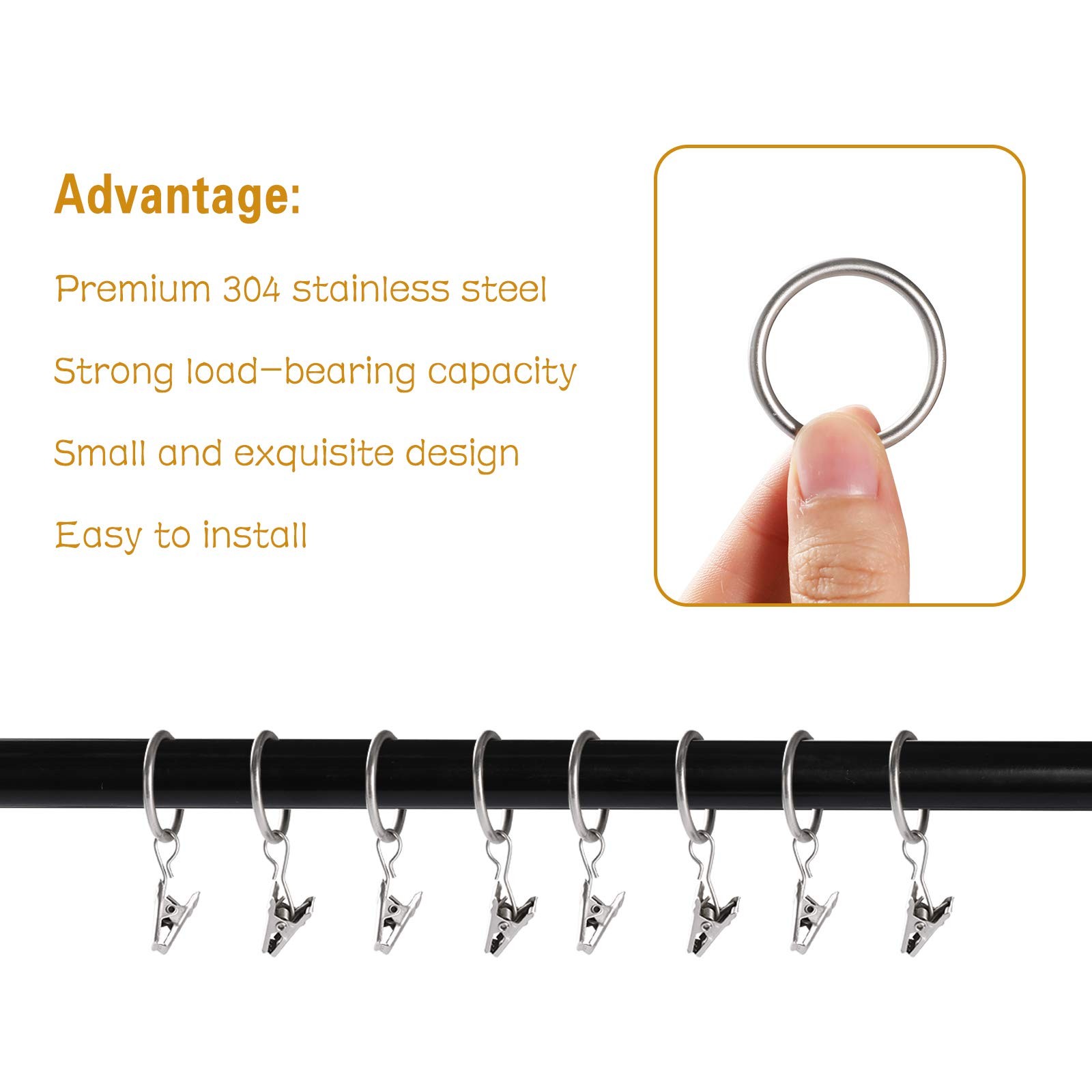 44 Pack Curtain Rings with Clips Hooks 1 inch Matte Silver Metal Stainless St…