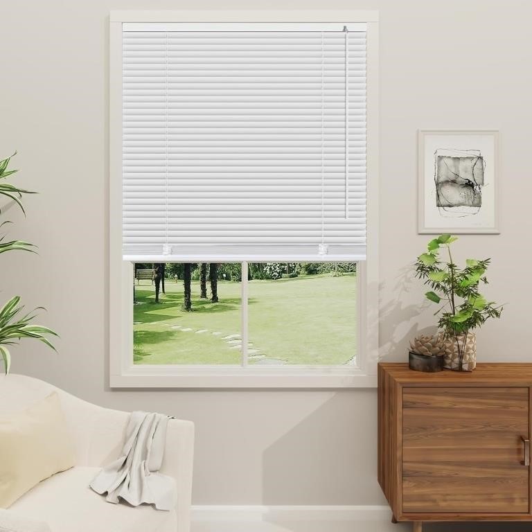 Cordless Waterproof Aluminum Mini Blinds White Window Frame Mounted Tilt Wand