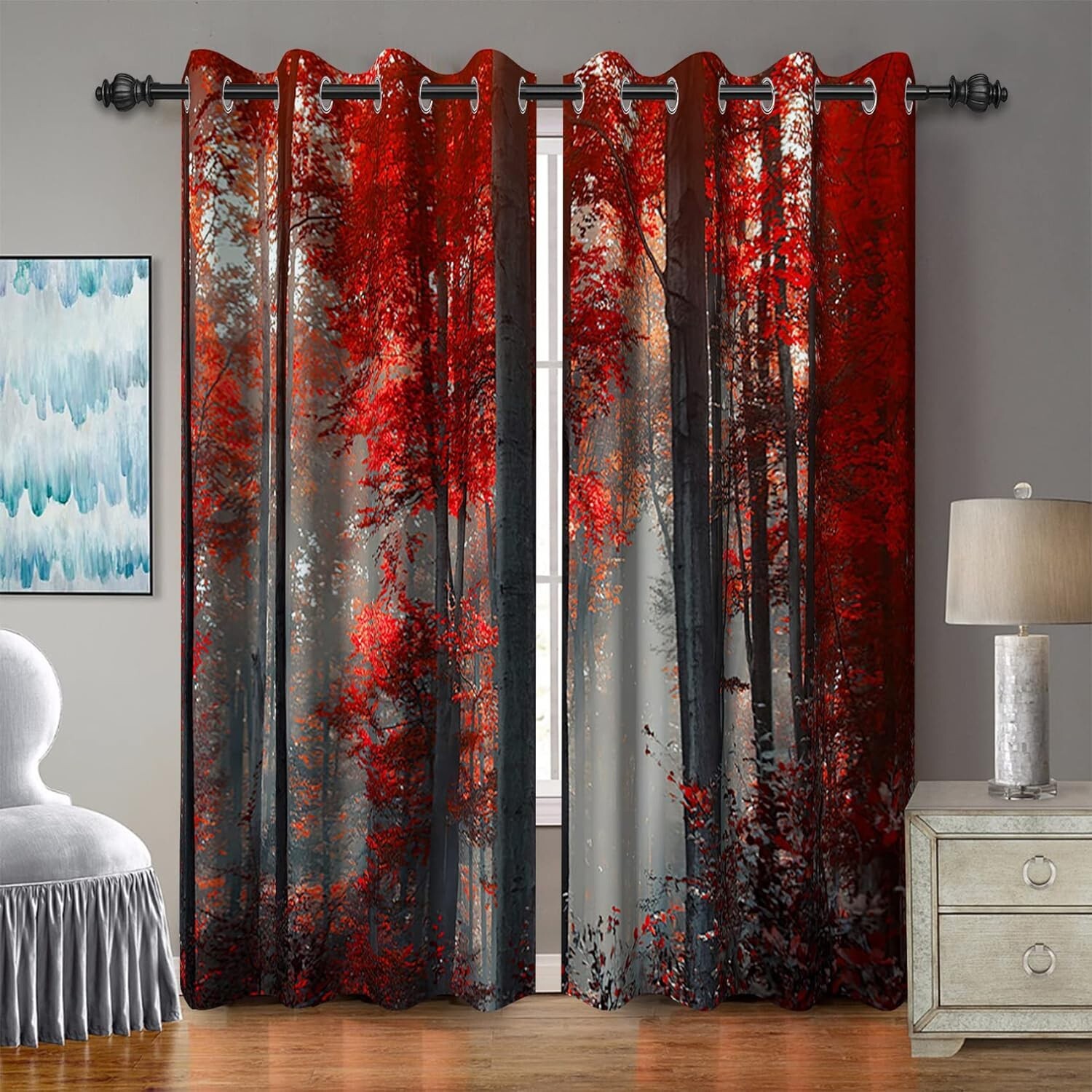 Forest Themed Red Leaves Bush Pattern Mystical Fantasy Art Darkening 42Wx63H