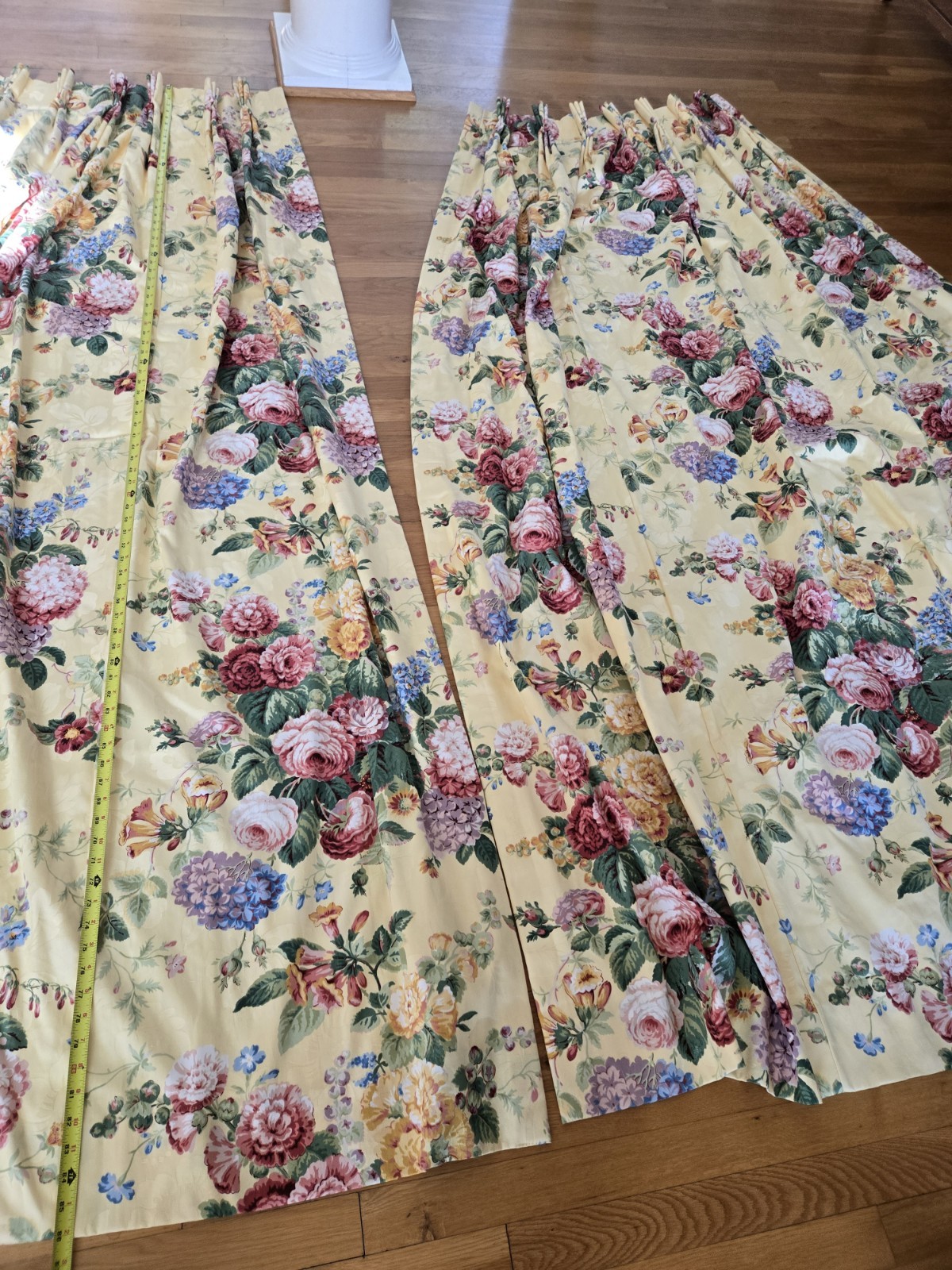 2 Custom English Country Cottage Rose Yellow Multi Pinch Pleat Drapes W30xL86