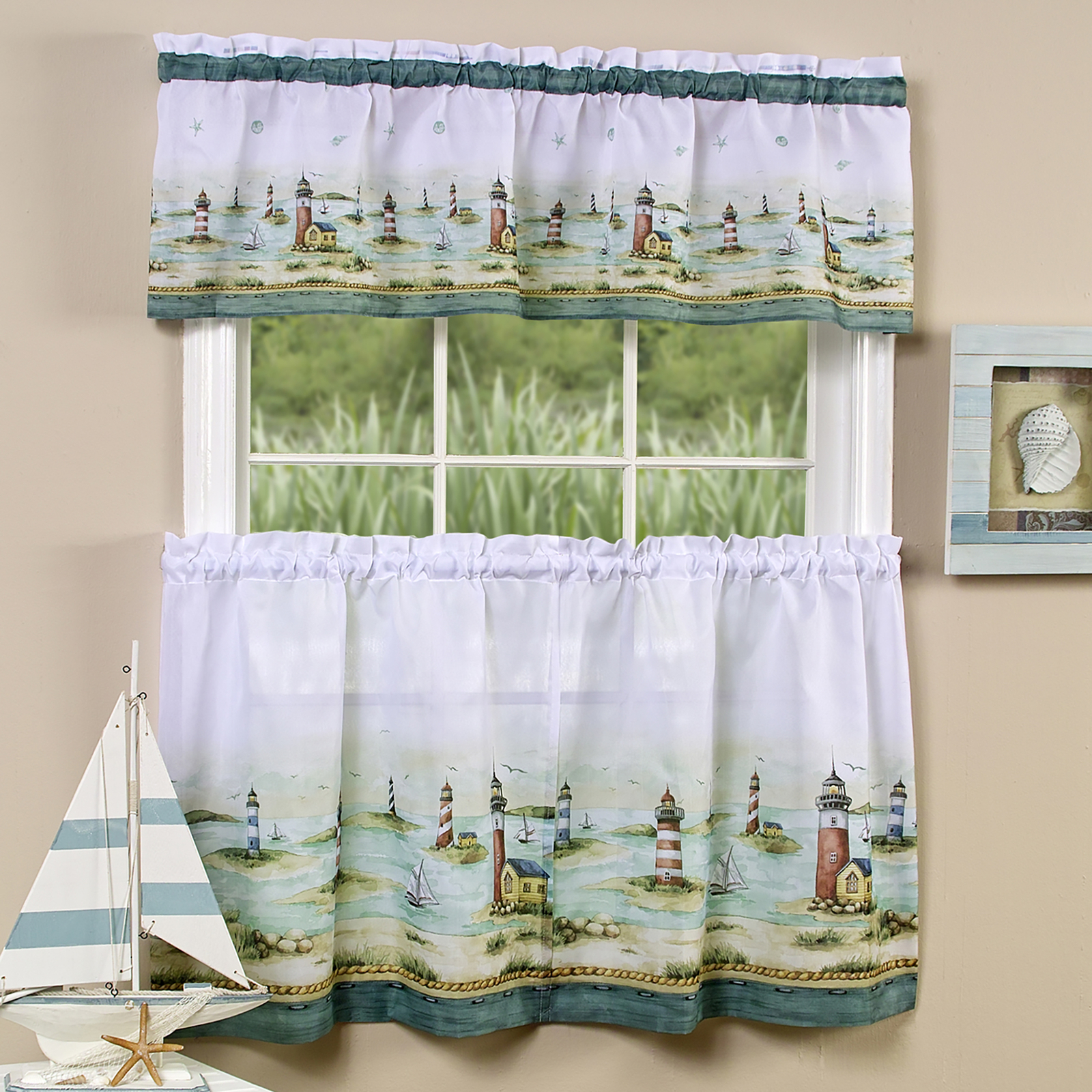 3-Piece Window Kitchen Curtain Set, Hamptons Beach, Tier Pair Panels, Valance