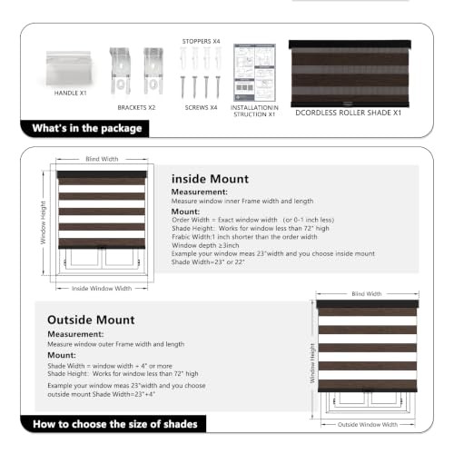 Cordless Zebra Blinds for Windows Pull Down Roller Window 20″W x 72″H Brown