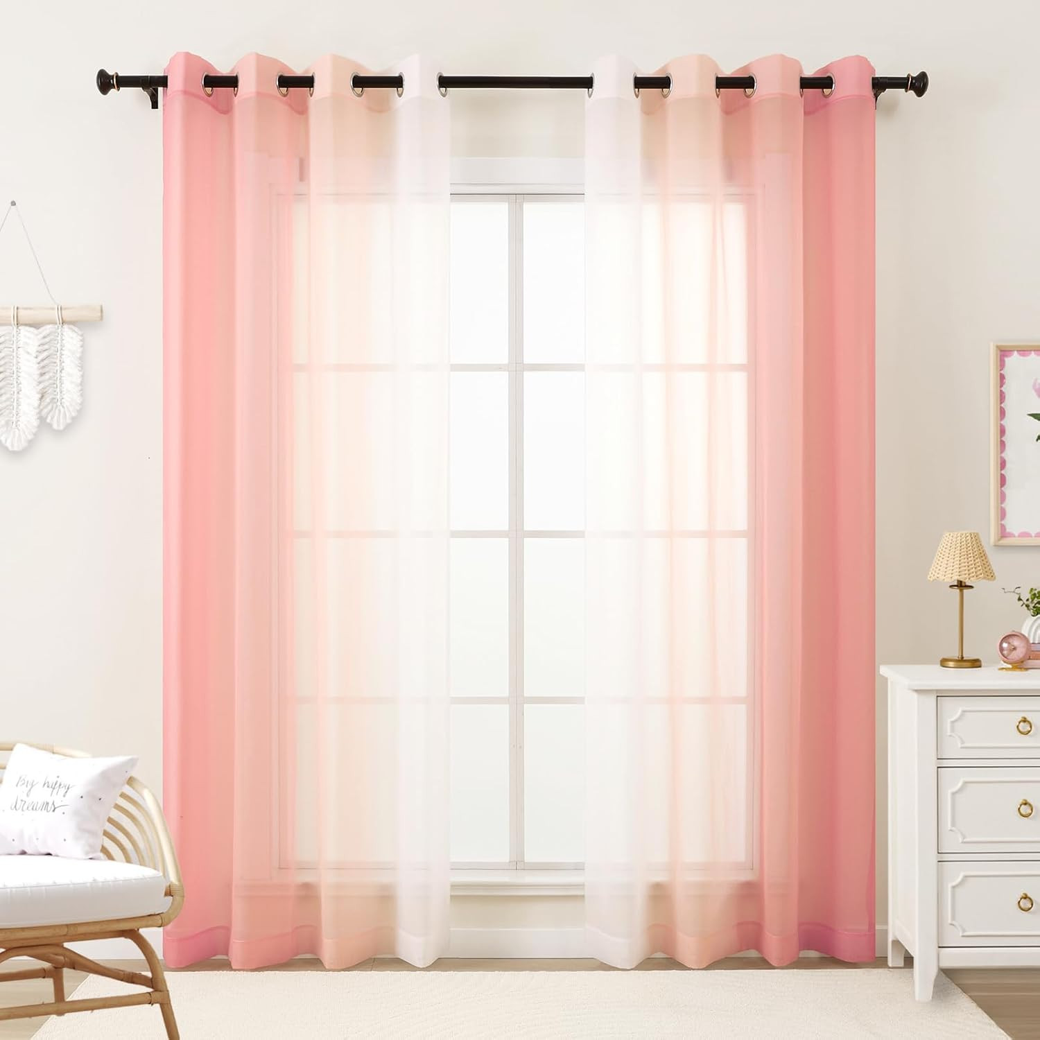 Pink Ombre Sheer Curtains 108 Inches Long for Living Room, Transparent Blush Pin