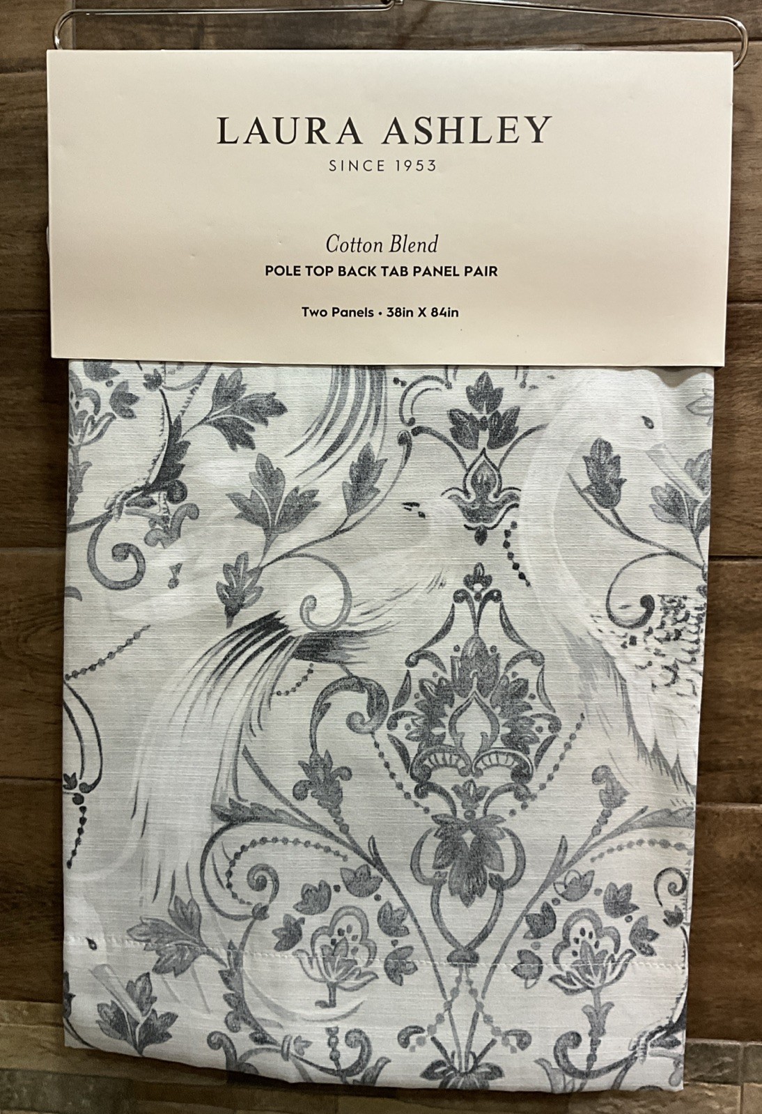 2 – Laura Ashley Tregaron Damask Cotton Curtain Window Panels Gray Bird 37 x 84”