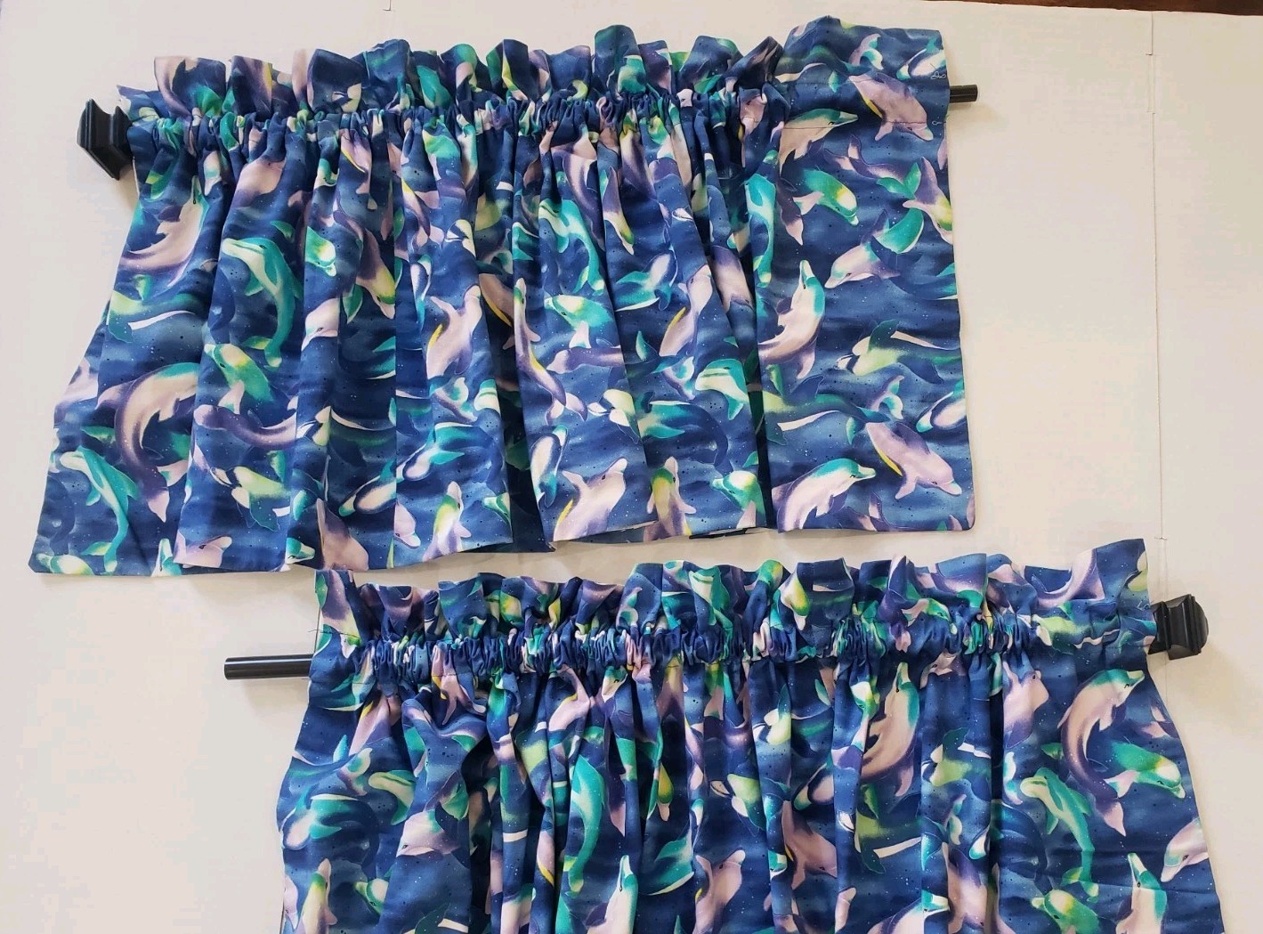 2 Vintage 1990’s Dolphin Window Valances 58.5×16″ Tropical Handmade Blue Purple
