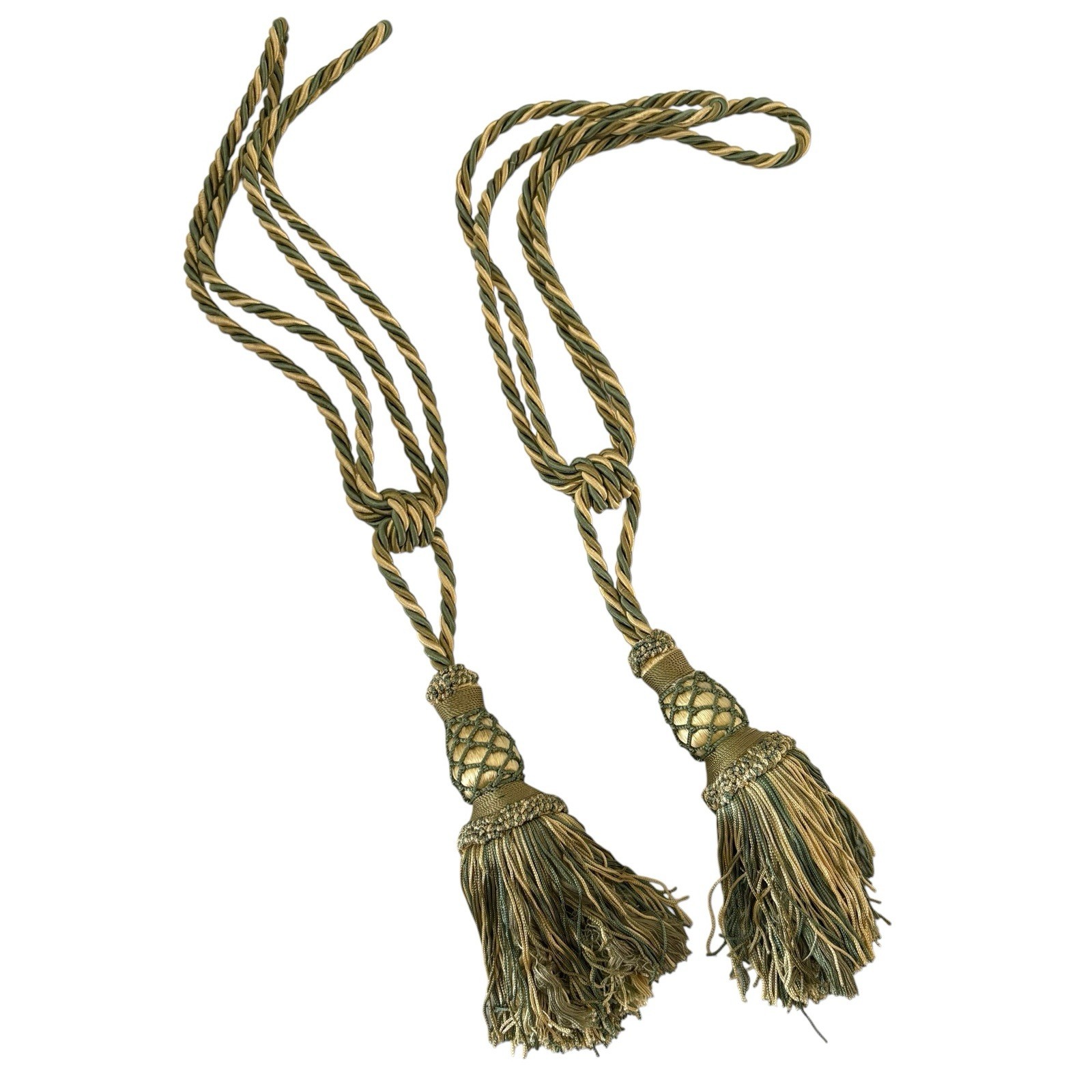 2 Decopro Drapery Curtain Tiebacks Green & Gold Woven Braided Knot Tassels