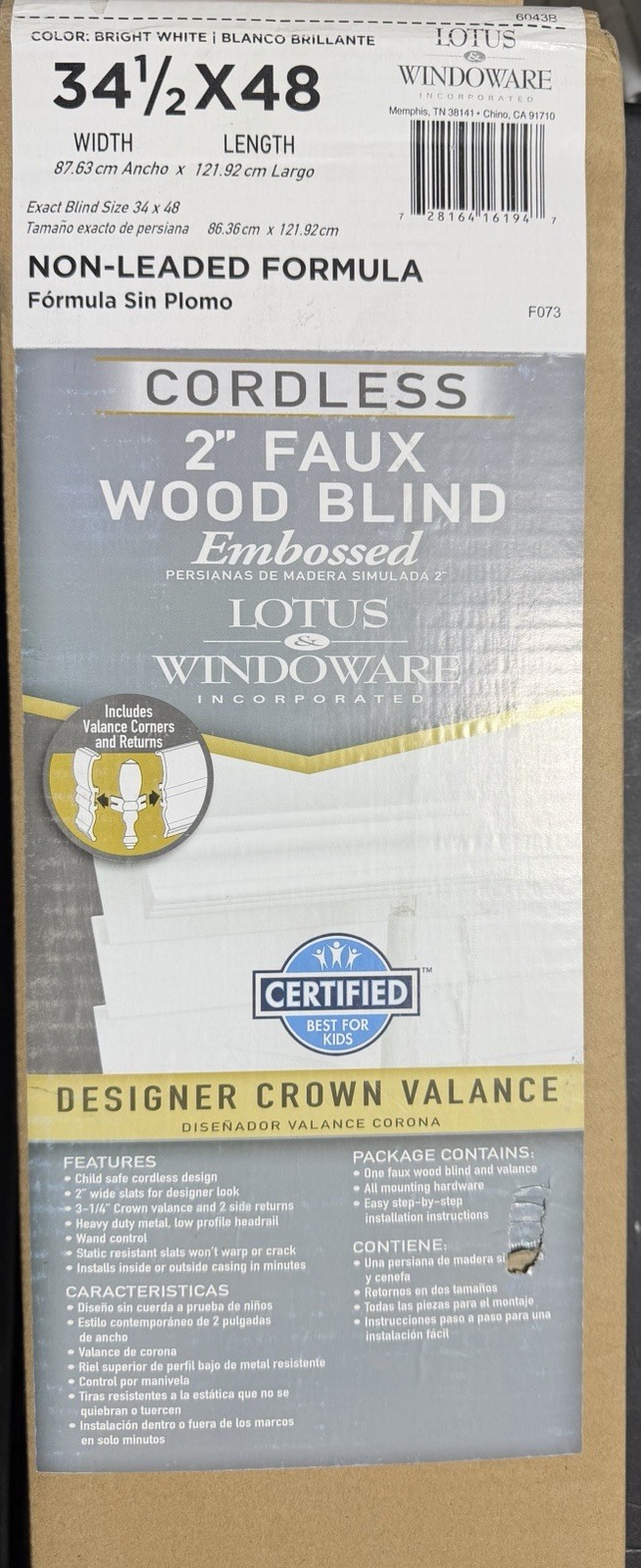 Lotus & Windoware 2-in Cordless Faux Wood Embossed Blind White 34.5in x 48in