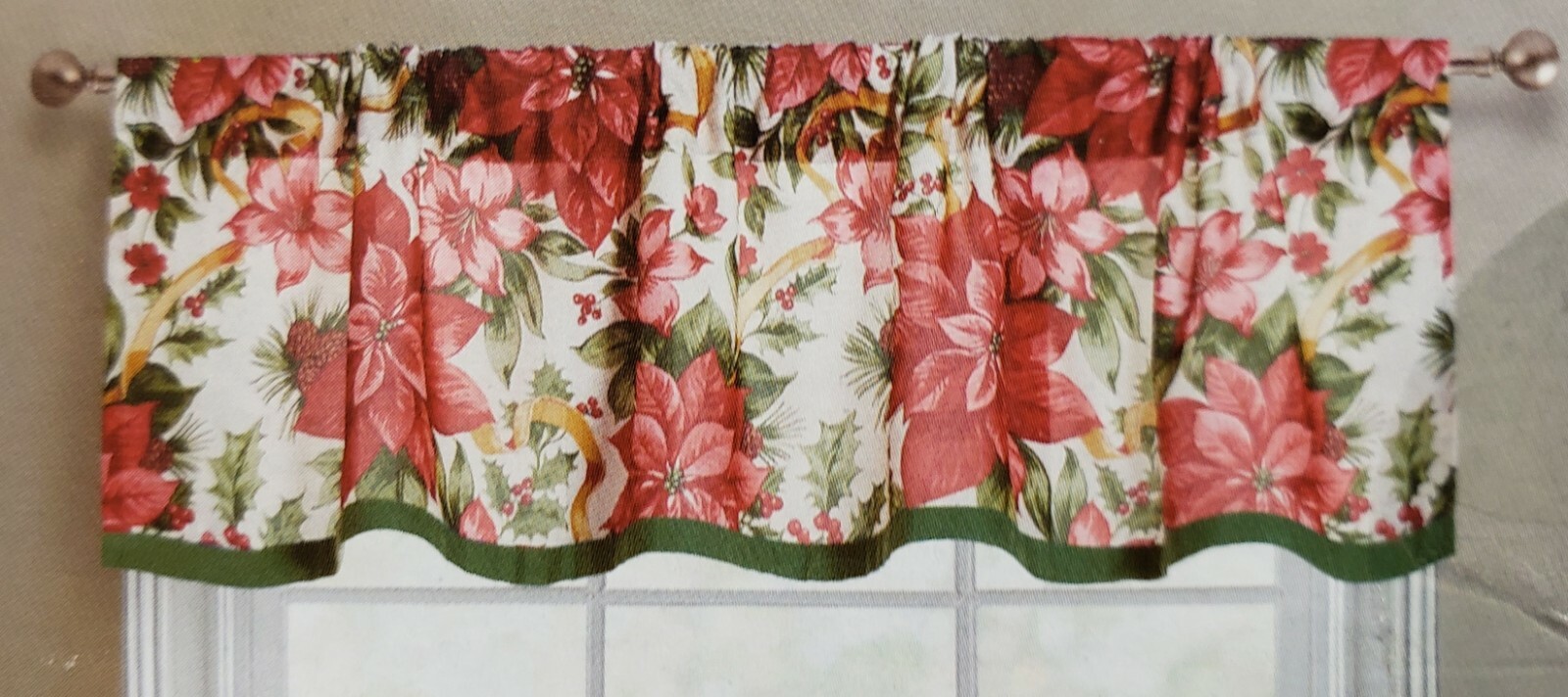3pc Curtains Set:2 Tiers (28″)& Valance (56″x14″)POINSETTIA & BERRIES #2,Holiday