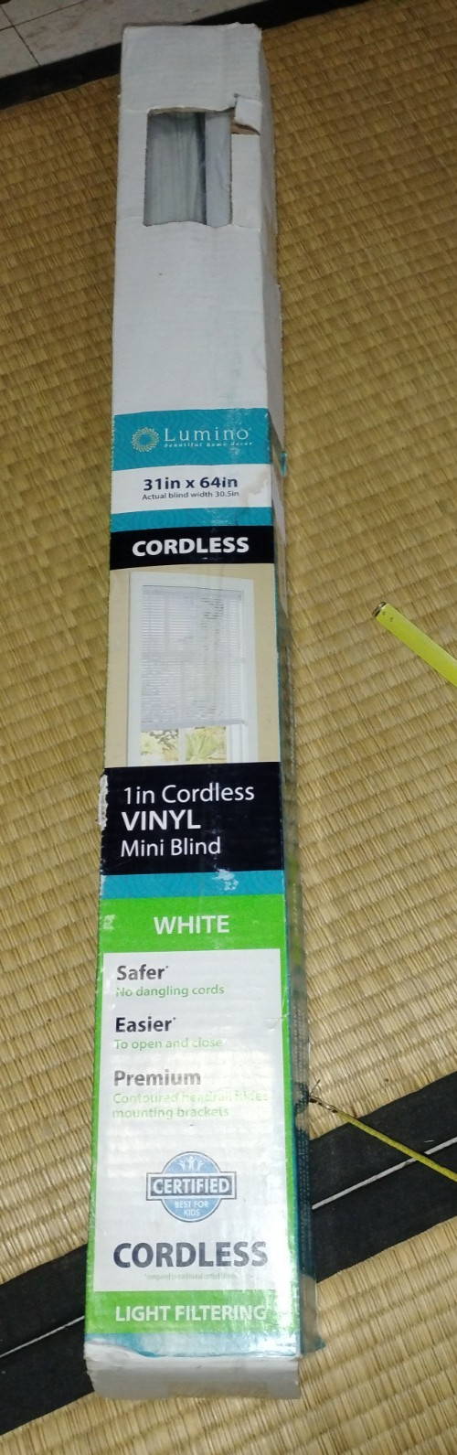 NEW Lumino Cordless Light Filtering Vinyl Mini Blind 31″ x 64″ White #7901913