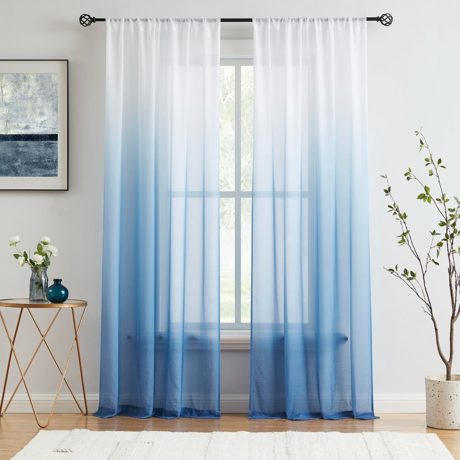 Ombre Blue Chiffon Sheer Curtains 42×95 Crinkle Rod Pocket 2 Panels