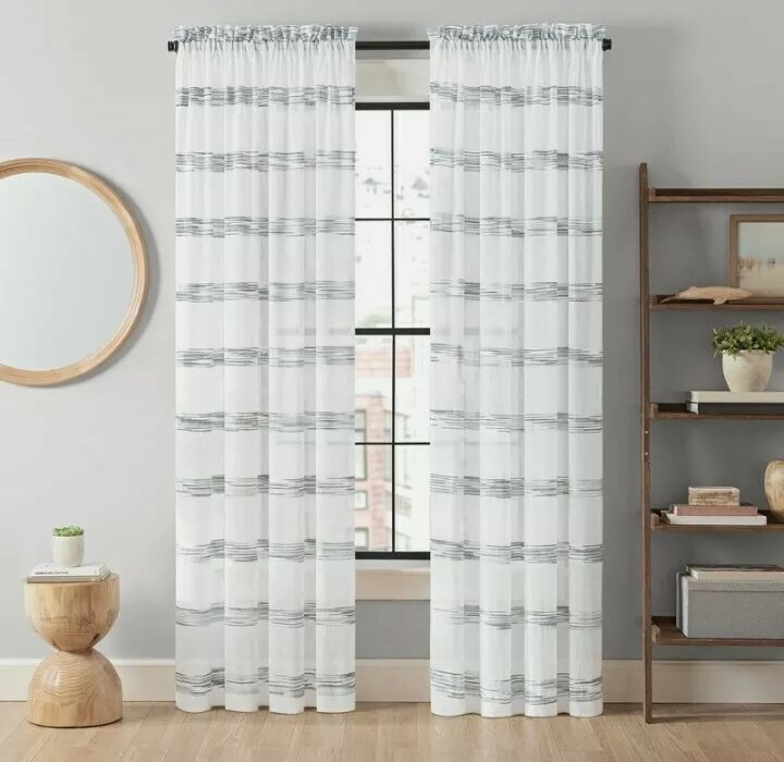 VUE ELEMENTS Kyoto Semi-Sheer Striped Single Curtain Panel White Blue 84″ New