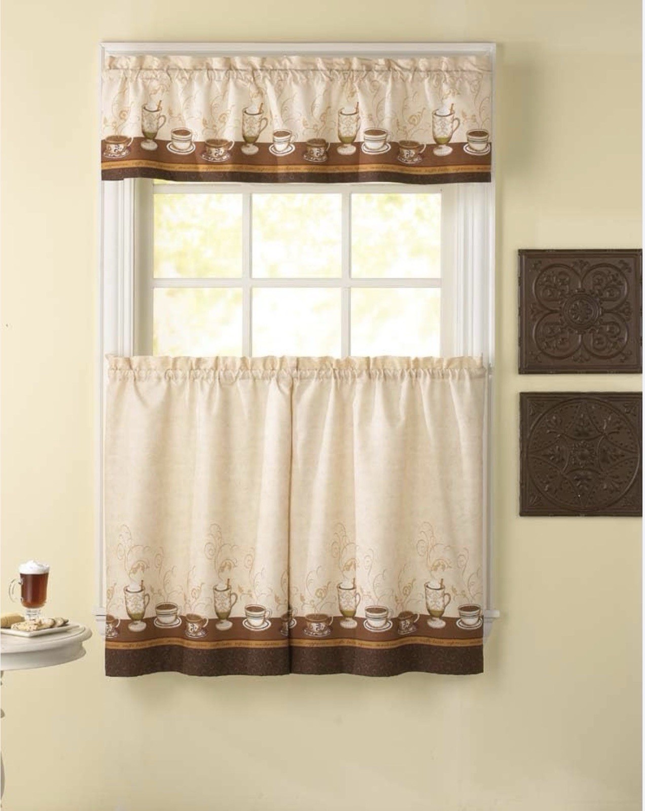 Cafe Au Lait Window Kitchen Curtain Tier (2) and Valance (1) Set, 3-Piece Bistro