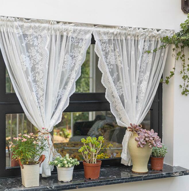 Home Decoration Drapes Short Curtain Lace Hem Kitchen Cabinet Door Bedroom