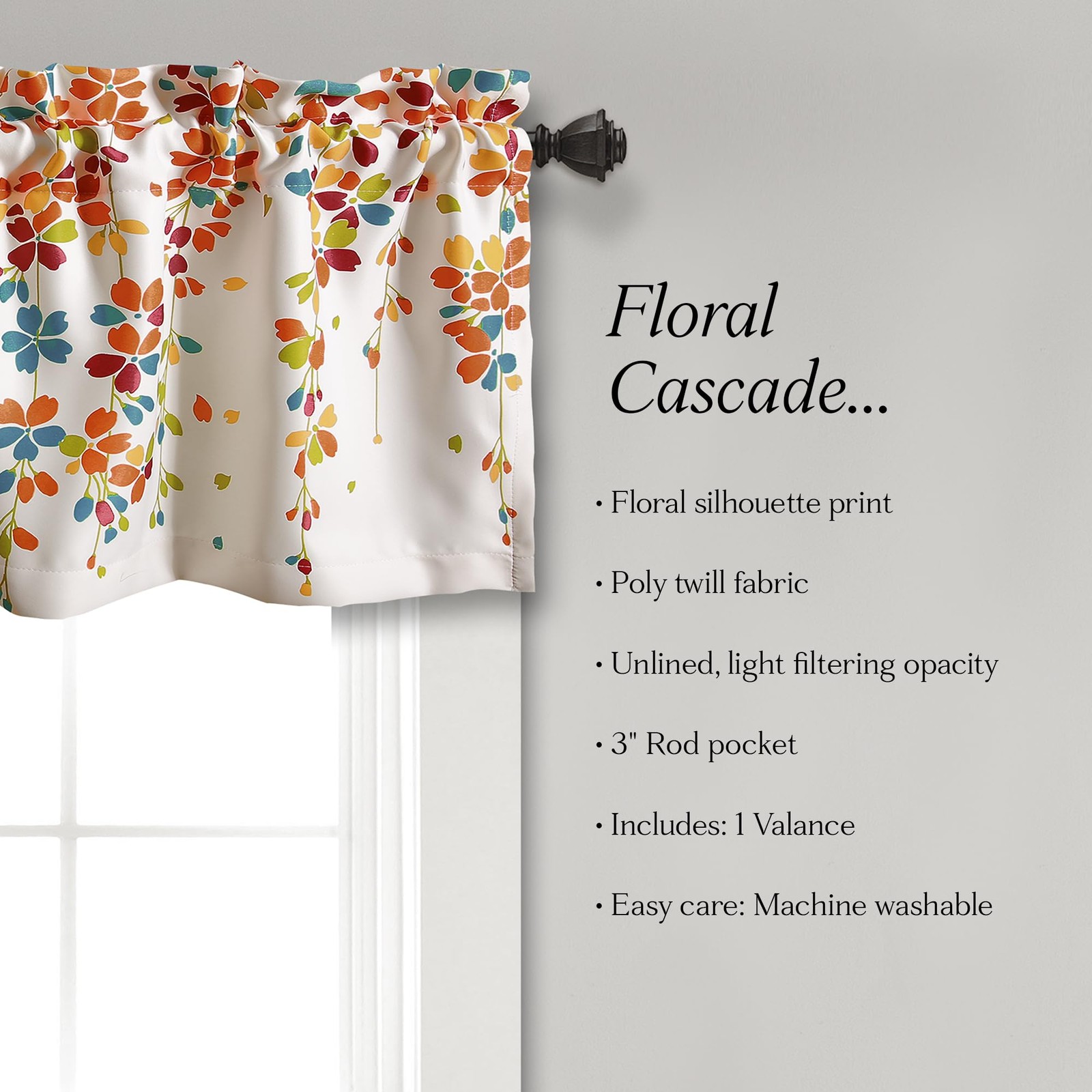 Light Filtering Floral Valance 52″ W x 18″ L Turquoise & Tangerine Decor
