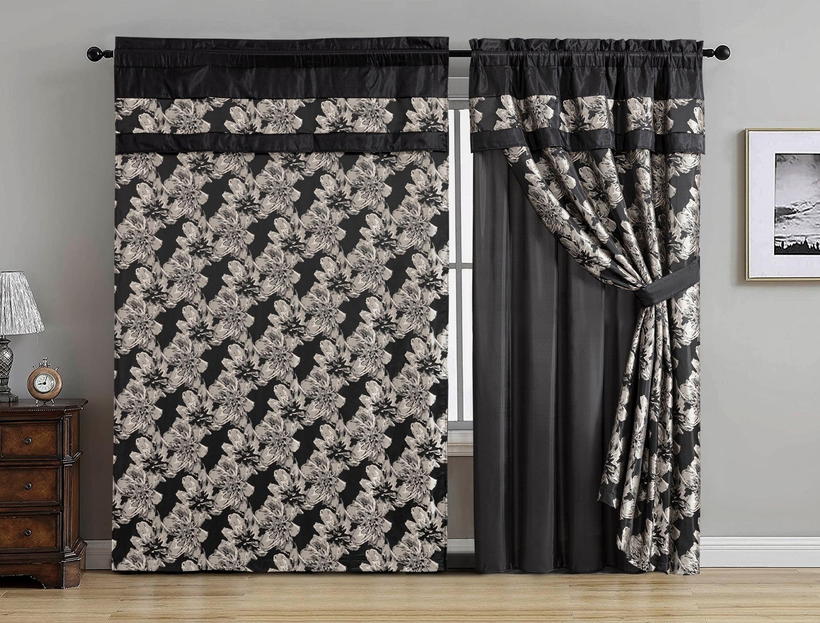 Chezmoi Collection Kelsey 4-Piece Black Gold Jacquard Woven Hibiscus Curtain Set