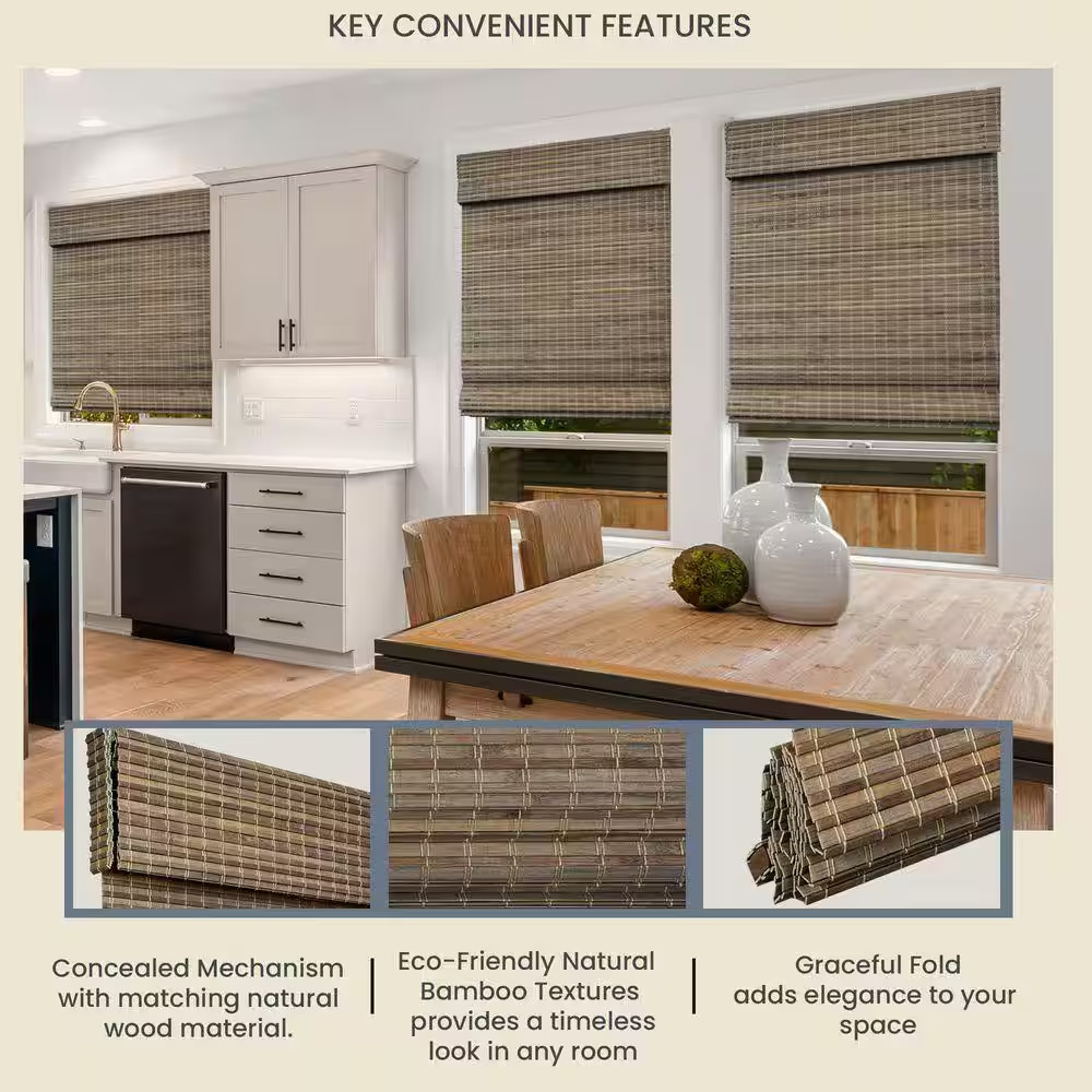 Natural Woven Light Filtering Cordless Bamboo Roman Shades for Windows, 46 In. W