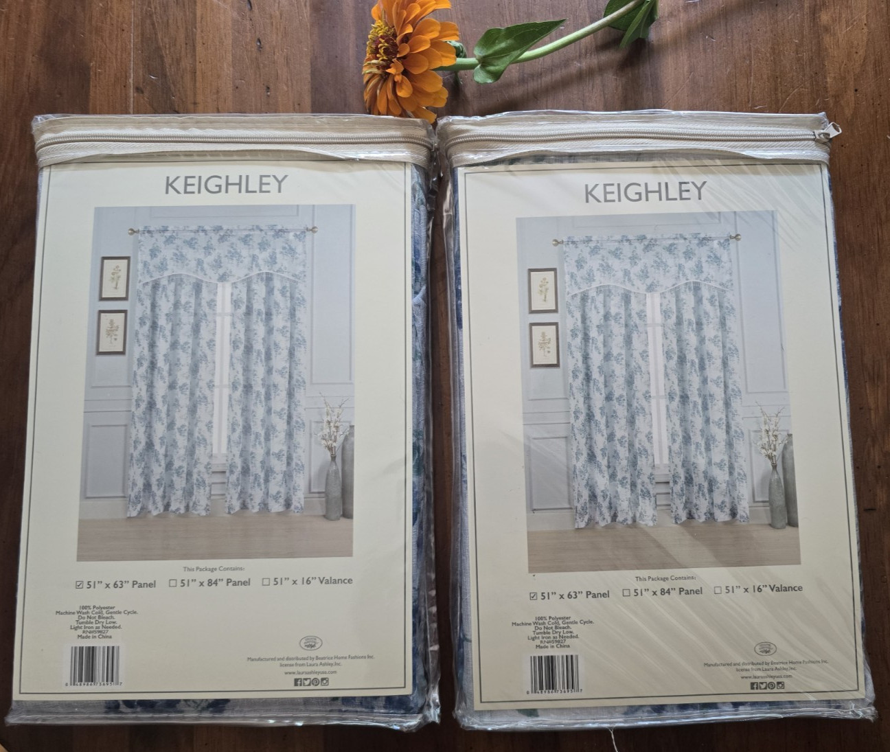 Laura Ashley 2 Keighley Blue White Floral Toile Crushed Panel Curtain 51 x 63