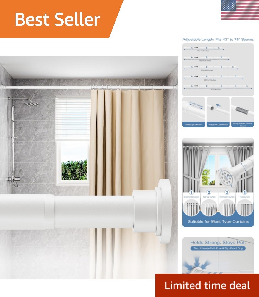 Durable No-Drill Shower & Curtain Rod, 42-78 Inches, Rust-Resistant White Design