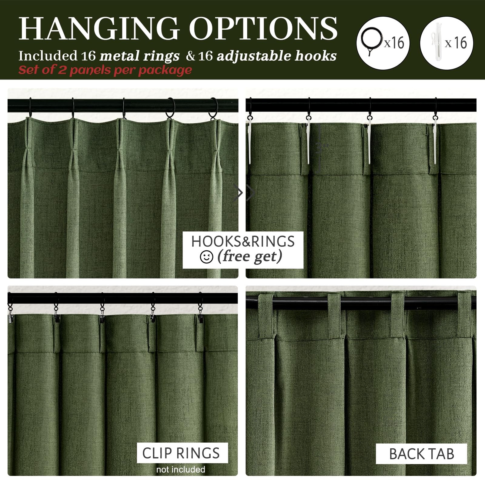 Olive Green Linen Curtains 96 Inches Long 2 Panels Set, Modern Aesthetic Pinc…