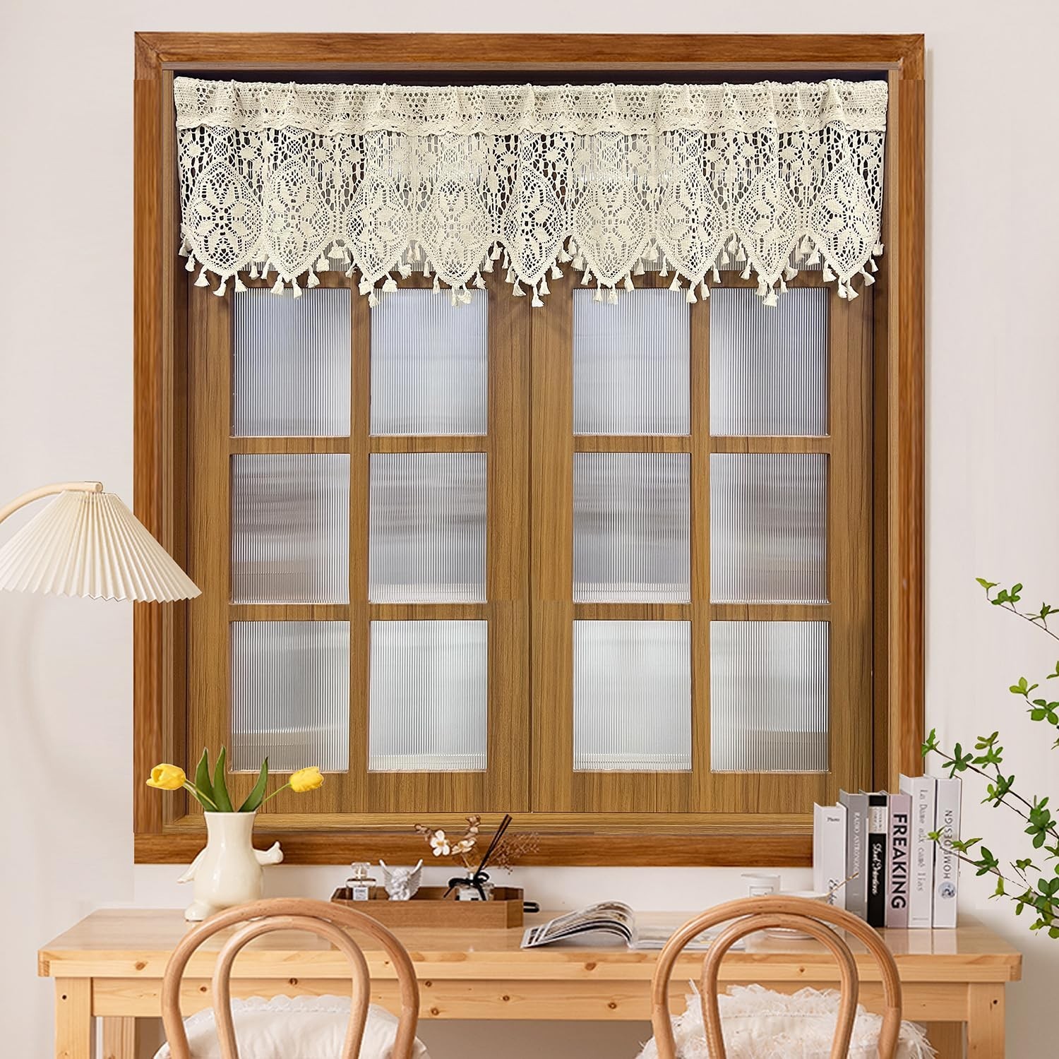 Boho Crochet Lace Sheer Curtain Valance for Kitchen Windows Vintage Macrame V…