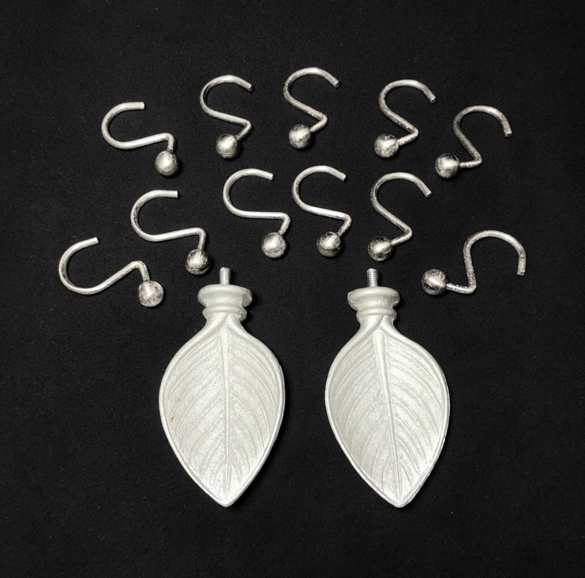 Silver Leaf Curtain Rod Finials and Ball End Shower Hooks Set 11 Piece Silver