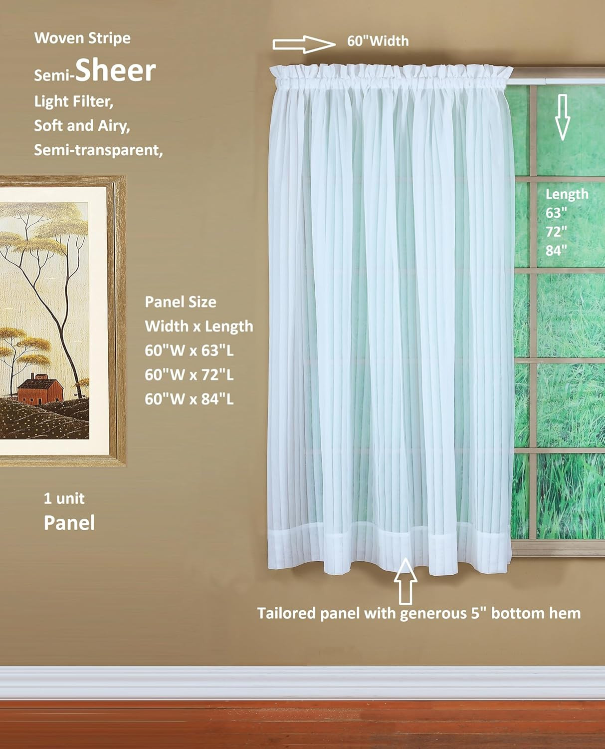 , Silhouette Stripe Sheer Panel 72″, White, 60″ W X 72″ L