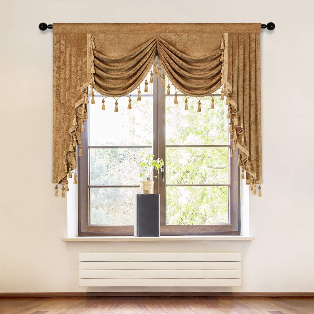 Elkca Thick Chenille Window Curtains Valance For Living Room Bronze Waterfall
