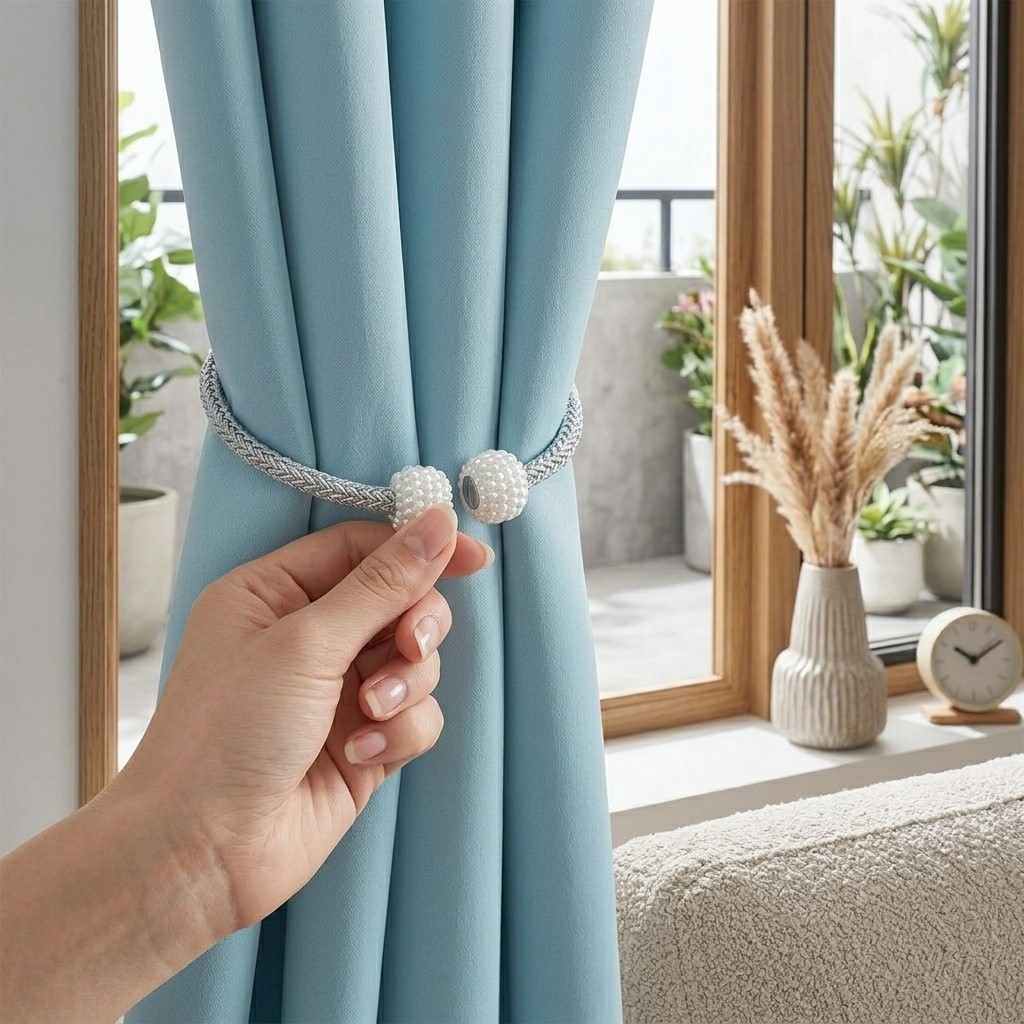 8Pcs Magnetic Curtain Tiebacks, 4 Gray & 4 White Pearl Decorative Holdbacks