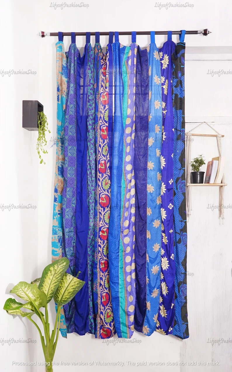 2 Pc Indian Old Recycle Silk Saree Boho Multi Curtain Door Drape Decor Curtain
