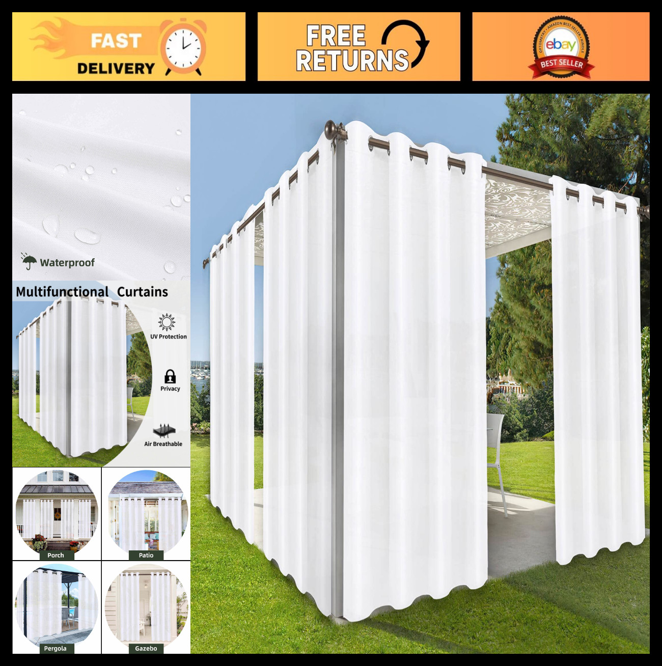 Waterproof Outdoor Curtains for Patio & Gazebo – UV Resistant, Sun Blocking Grom