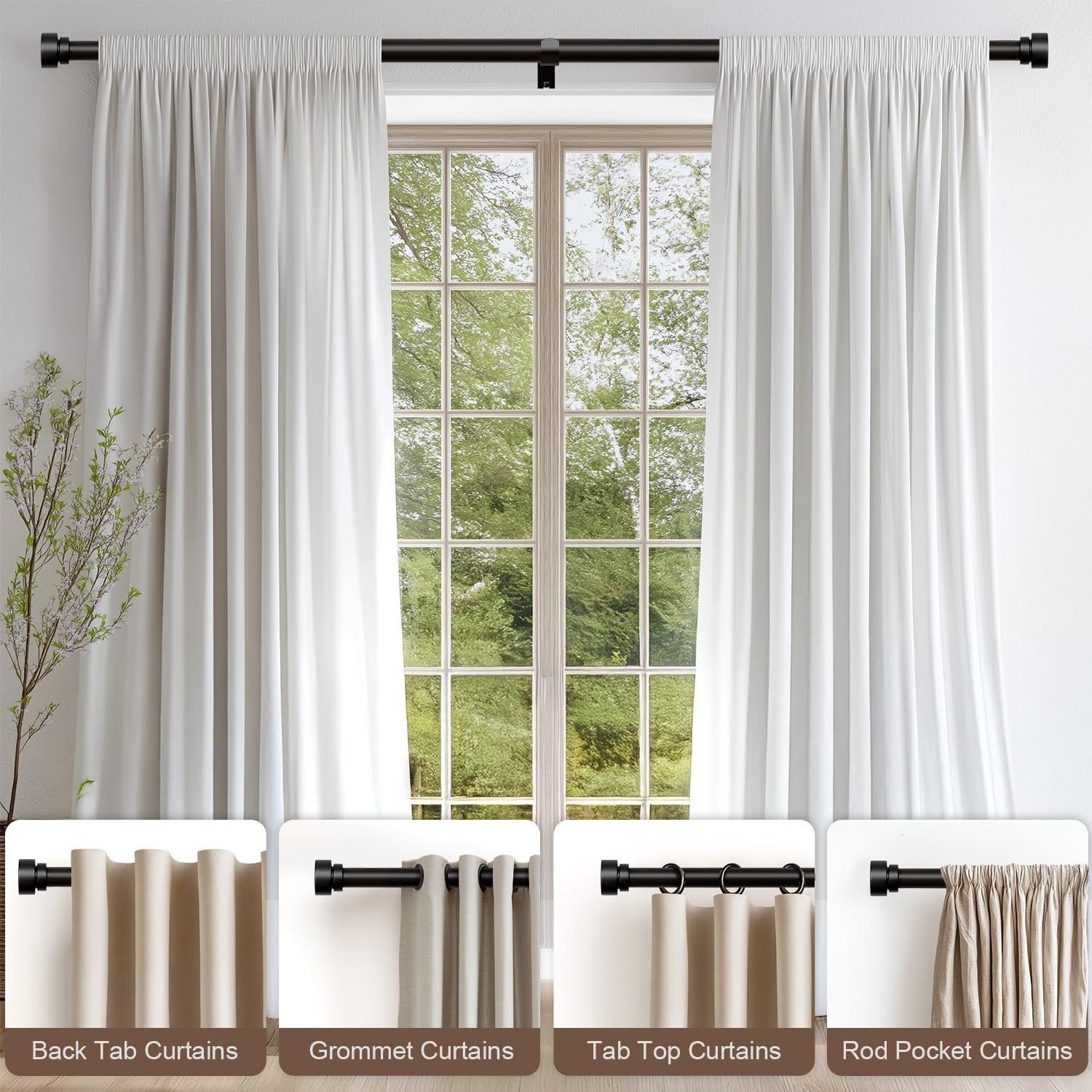 Adjustable Black Curtain Rods 48-84″ Heavy Duty 1″ Diameter with Decorative Fini