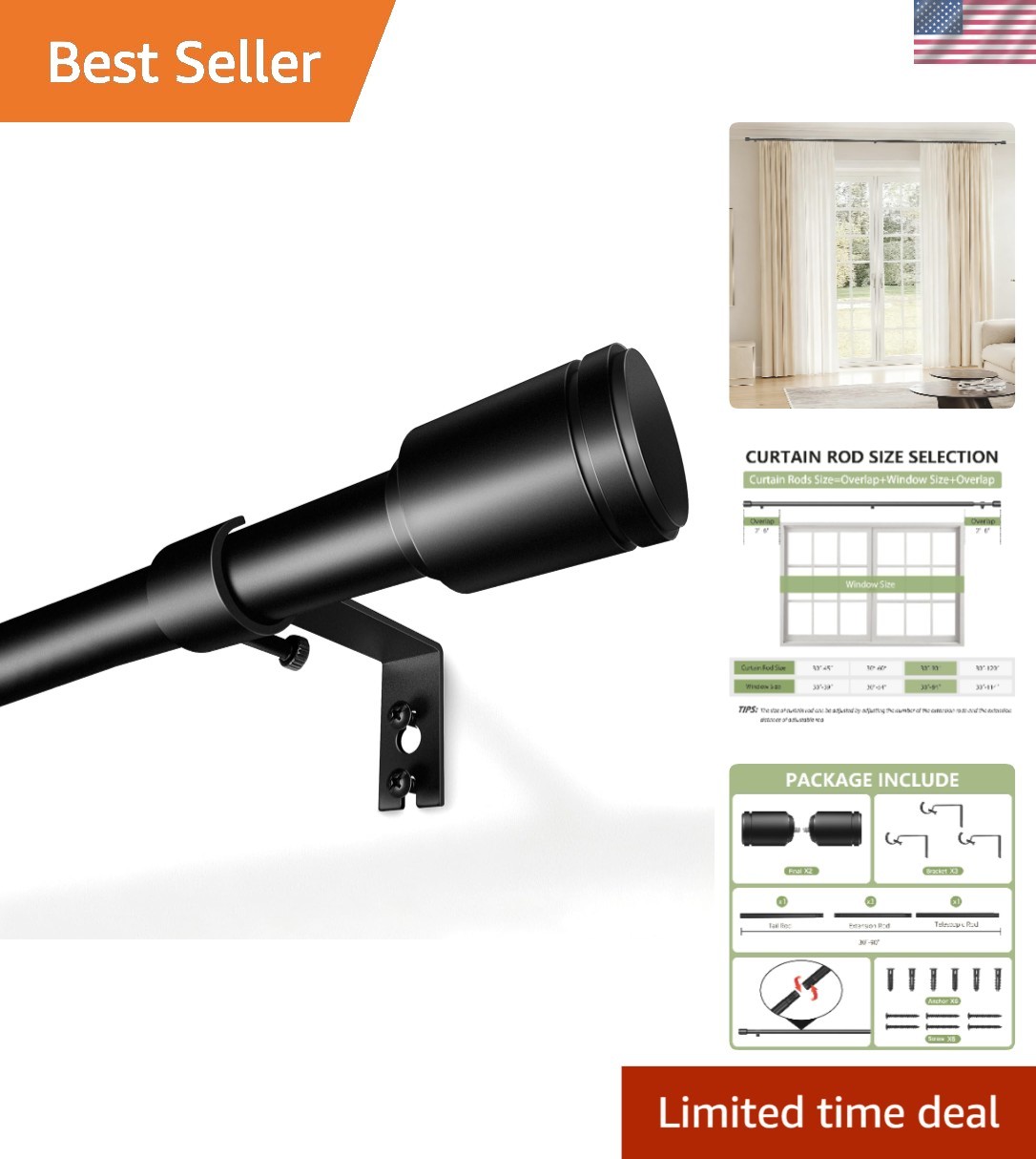 5/8” Diameter Curtain Rods 30-90 Inch, for 30-84 Inch Windows, Adjustable Spl…