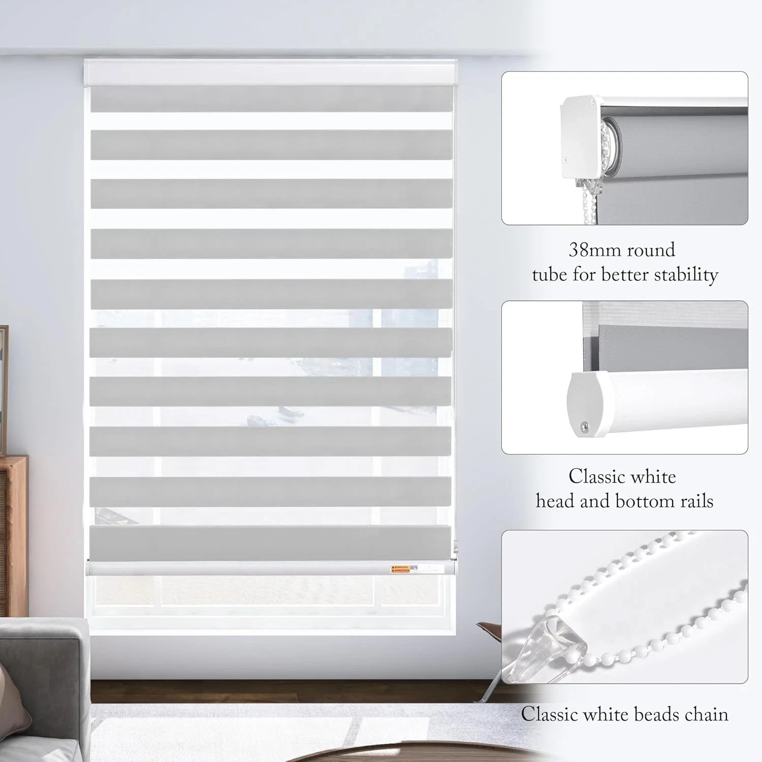 Cordless Zebra Blinds with Free-Stop – Dual Layer Light Filtering, 36″x64″- Gray