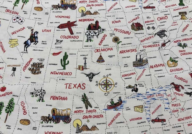 USA Map Valance – United States Americana Curtain – Novelty States Print