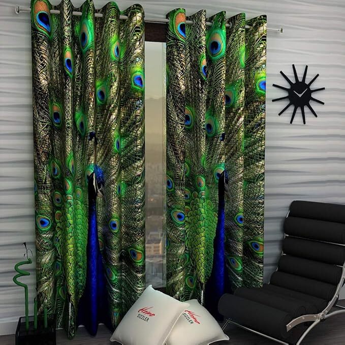 2 Pieces Premium Mor Pankh Digital Print Eyelet Polyester Curtains 5 7 9 Feet