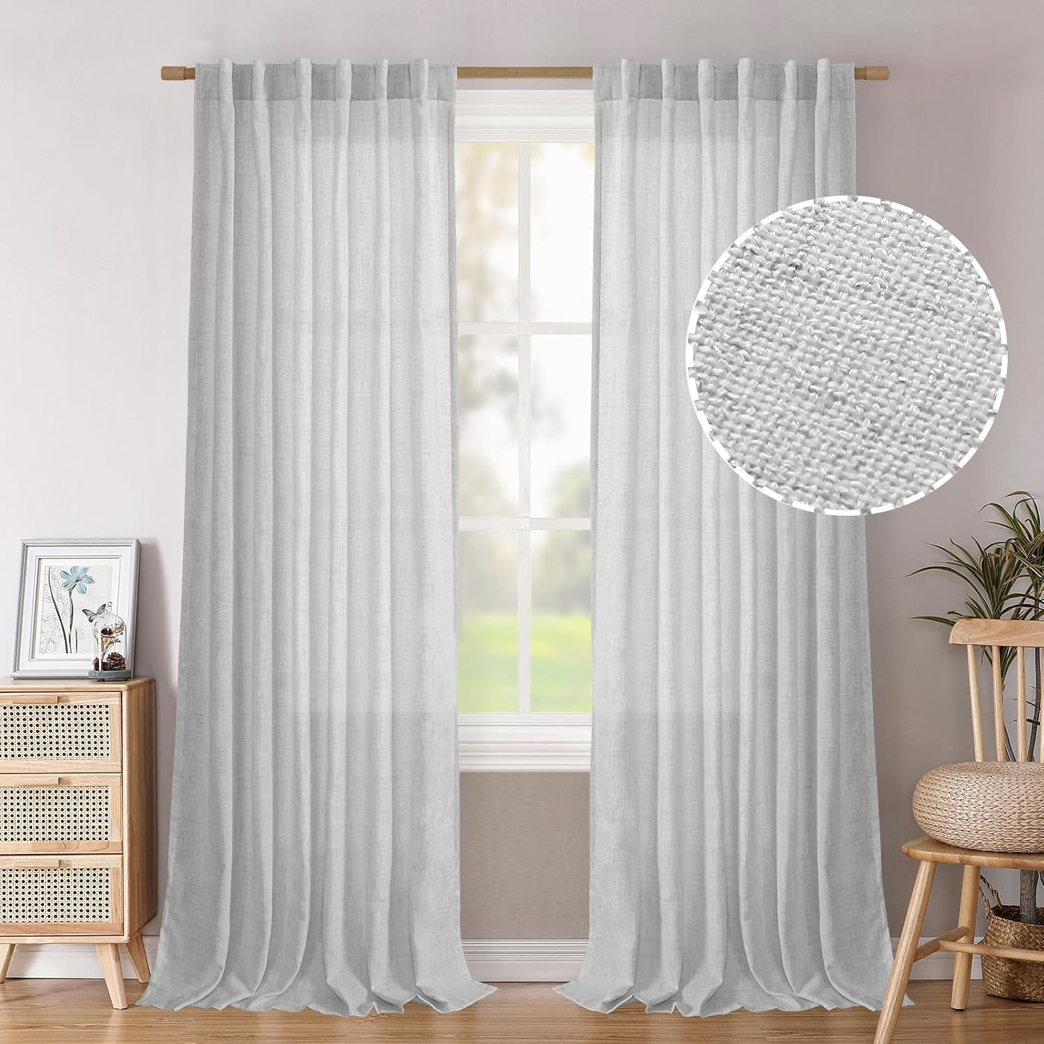 96 Inches Long Linen Semi Sheer Curtains for Living Room 2 Panel Set, Light Filt