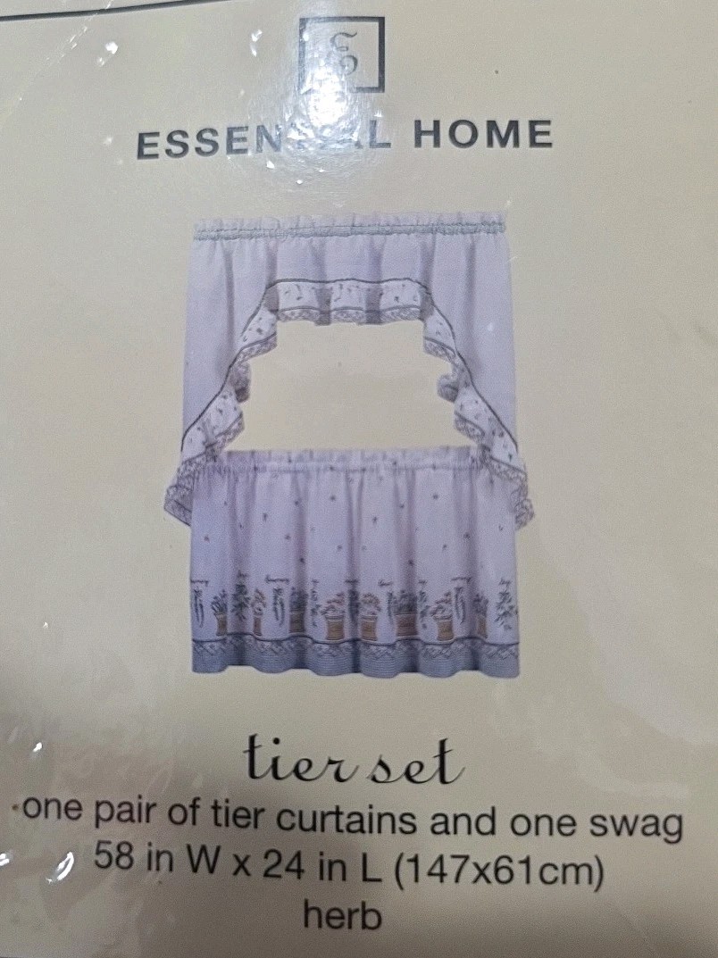 Essential Home Tier Swag Curtains Set Rosemary Herb Pattern NEW. A
