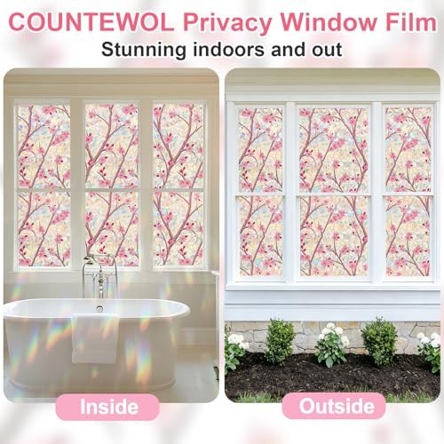 Stained Glass Window Film Privacy Static Cling Cherry Blossom 78.7 x 17.5 Inch